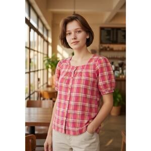 Lemon Grass Women's 3X Green & Pink Plaid Short Sleeve Shirts Casual Colorful